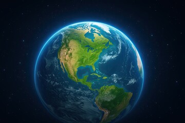 View of planet Earth from space with stars in the background, glowing atmosphere, showing North America, symbol of unity and environmental awareness, high-resolution digital art