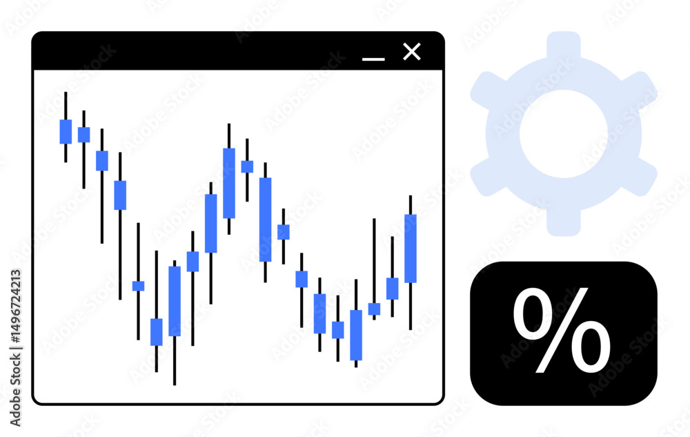 Poster candlestick chart in trading window with gear for settings and percentage indicator. ideal for finan