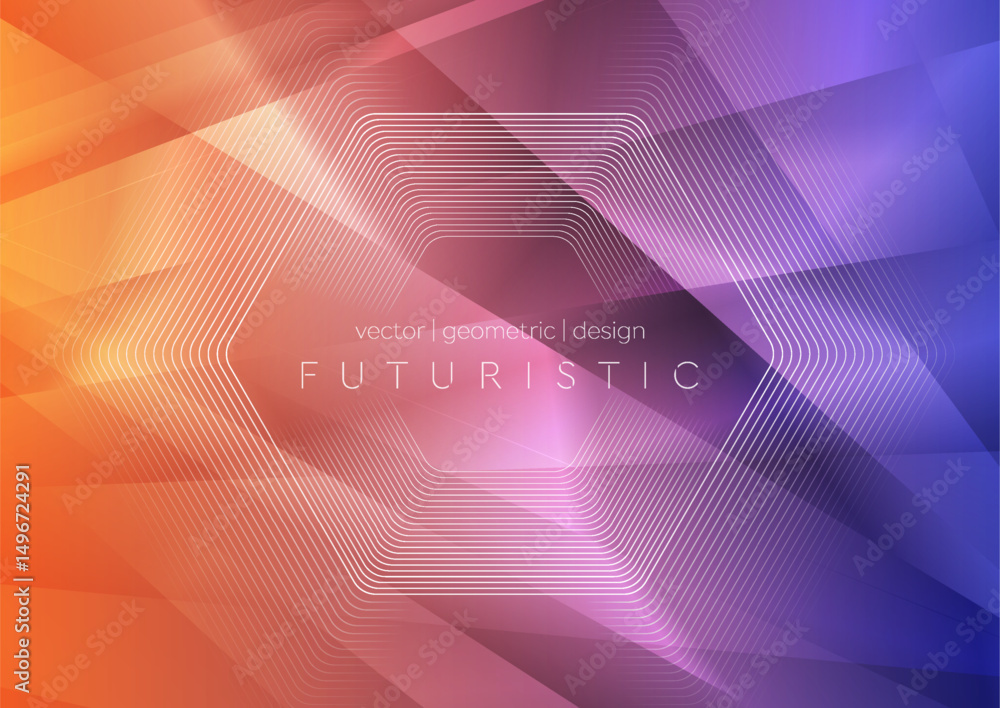 Aufkleber Linear hexagonal shape on the violet orange low poly glossy background. Geometric abstract vector design