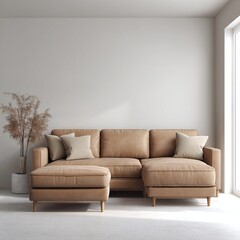 Modern living room featuring a stylish tan sectional sofa with decorative pillows and a minimalist design