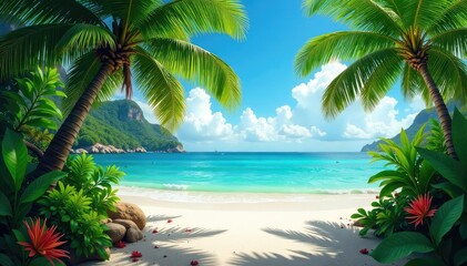 Fototapeta premium Lush tropical paradise scene with vibrant foliage, turquoise water, and white sand beach , summer, beautiful