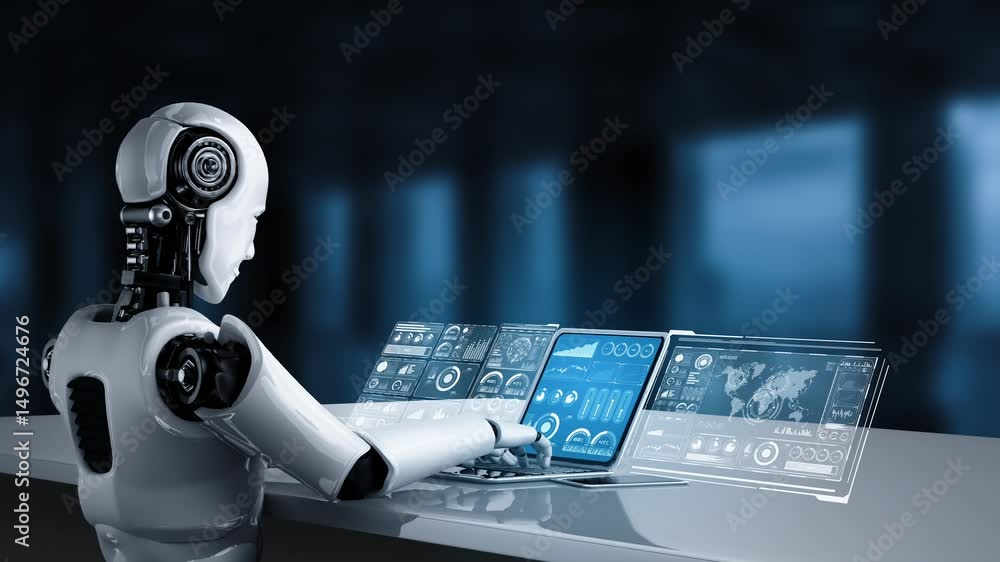 Poster robot hominoid use laptop and sit at table for big data analytic using ai thinking brain , artificia