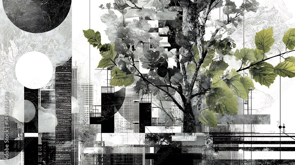 Poster abstract composition featuring a tree and geometric shapes in monochrome palette