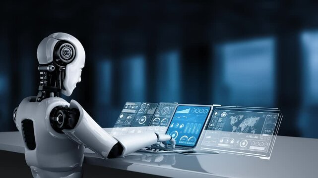 Robot hominoid use laptop and sit at table for big data analytic using AI thinking brain , artificial intelligence and machine learning process for the 4th fourth industrial revolution . 3D rendering.