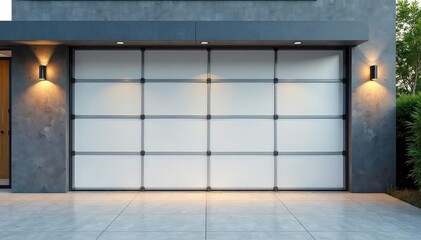 Naklejka premium Modern double garage doors open wide, revealing a clean, bright interior , residential architecture, real estate