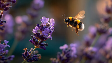 Bee hovering gracefully over lavender flower, feeling cheerful in bright day