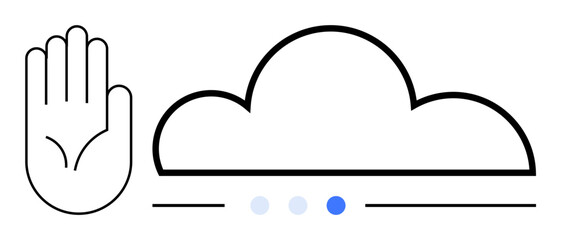 Outstretched hand beside a cloud outline with three progress dots. Ideal for security, data sharing, storage, cloud access, technology, privacy, simple landing page
