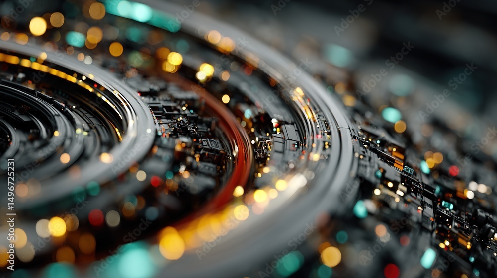 Poster close-up circuit board with glowing orange microchip – high-tech computer hardware & electronic comp