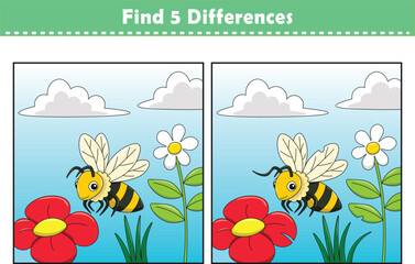 Fototapeta premium Funny cartoon bee. Find 5 differences. Kids Education games. Cartoon vector illustration