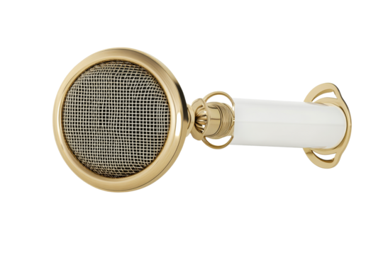 Vintage style golden microphone, musical equipment, cut out transparent
