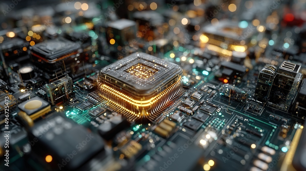 Poster close-up circuit board with glowing orange microchip – high-tech computer hardware & electronic comp