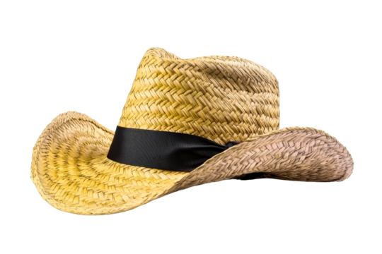 Straw sun hat with black ribbon, close up isolated, cut out transparent