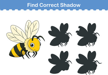 Funny cartoon bee. find the correct shadow. Kids Education games. Cartoon vector illustration