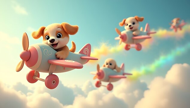 Stuffed animal-style airplanes with big eyes shooting rainbow beams at each other in a soft cloud sky &ndash; a cheerful dogfight scene.


