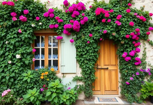 Overgrown doorway & windows, Perouges, France Lush climbing plants, vibrant flowers, detail, ivy