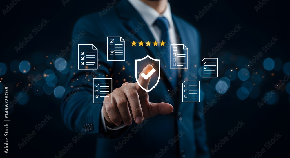 Poster a businessman pointing at a digital shield securing data, protecting information, and ensuring cyber