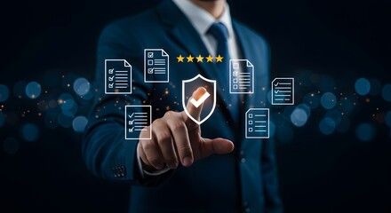 A Businessman Pointing at a Digital Shield  Securing Data, Protecting Information, and Ensuring Cyber Safety in the Modern Business World.  Learn Effective Strategies for Data Protection.