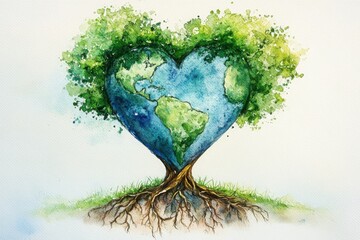 A heart-shaped Earth forms the leafy crown of a tree with spreading roots, symbolizing love for nature and environmental care.