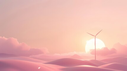 Fototapeta premium Serene sunset over wind turbine in desert landscape for global wind day celebration. Horizontal banner. Copy space. Wind Energy Day. Green energy, alternative energy, renewable energy