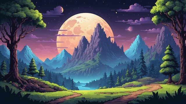 Retro pixel-art wallpaper showing a fantasy landscape with mountains, trees, and a glowing moon &ndash; nostalgic game environment in 8-bit style.

