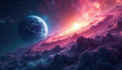 Obraz premium Stunning panoramic view of a vibrant, swirling nebula surrounding a distant planet , starfield, cosmos