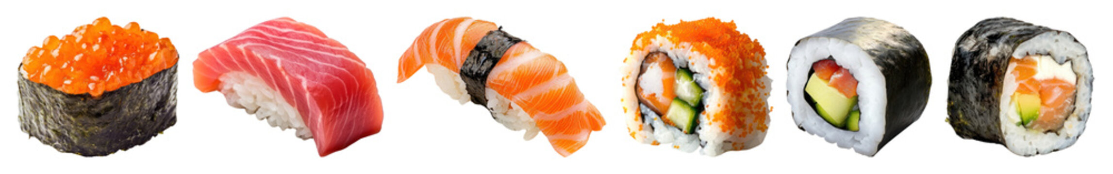PNG Colorful sushi assortment display, element set on transparent background