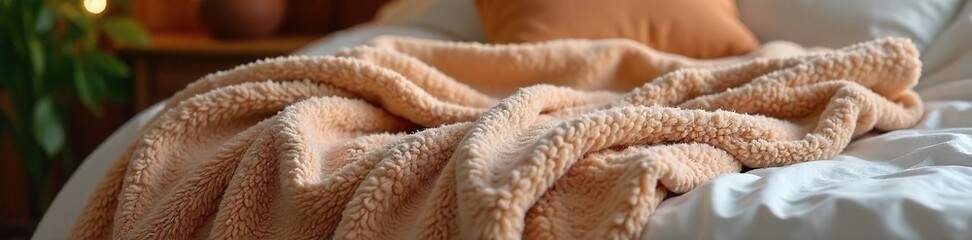 A cozy, plush blanket draped over a bed, inviting and perfect for a restful night's sleep  Soft textures and warm colors create a sense of comfort and relaxation ,  peaceful,  textile