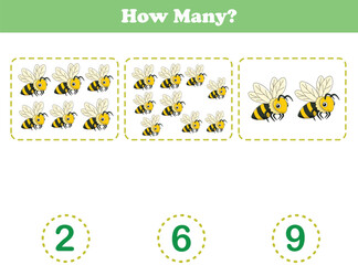 Counting game of wild animals for preschool kids. Counting bee. Printable. Vector Illustration