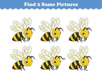 Funny cartoon bee. Find two same pictures. Educational game for children. Cartoon vector illustration