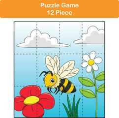 Funny bee. Puzzle games for kids. 12 piece. Child education. Vector illustration