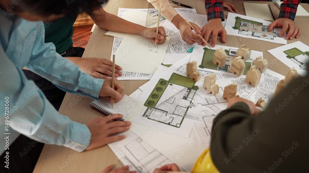 Poster architect and safety engineer discussion about building construction use blueprint on table with arc
