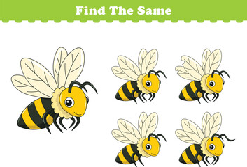 Funny cartoon bee. Find same pictures. Educational game for children. Cartoon vector illustration