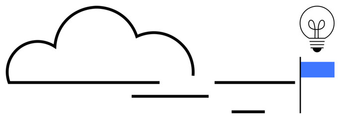 Simple cloud outline with light bulb for innovation and blue flag symbolizing goals. Ideal for creativity, digital storage, inspiration, achievement, technology, planning, flat simple metaphor