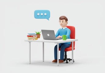 3D Illustration of Cartoon character working on laptop at desk isolated on white background