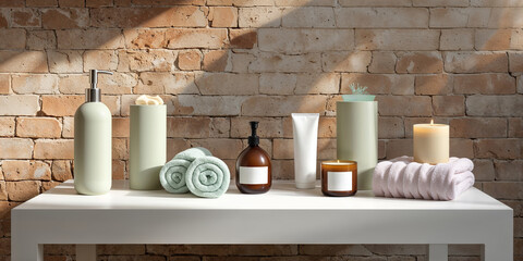 Spa arrangement on a table featuring natural skincare products and soft towels in a serene setting