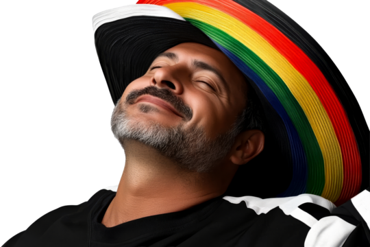 Man enjoying a rainbow sombrero, eyes closed, blissful expression, cut out transparent