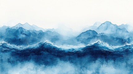 Fototapeta premium Serene Blue Watercolor Landscape Ocean Waves Crashing Against Misty Mountains
