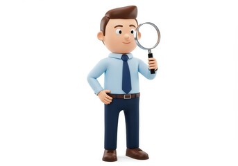 3D Illustration of Cartoon man holding magnifying glass isolated on white background