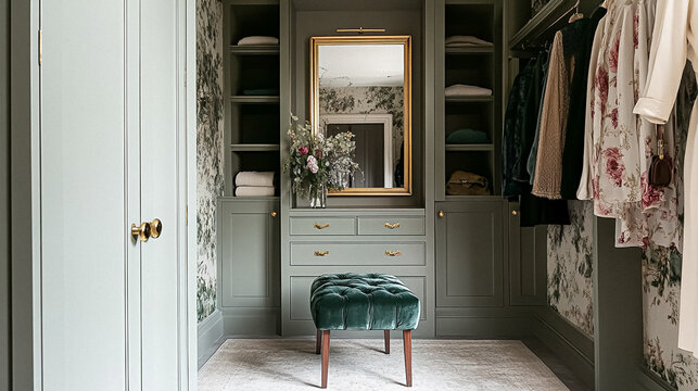 Refined English interiors with soft neutral tones, botanical art, fresh florals, classic panelled walls, and elegant furnishings for a feminine yet timeless home atmosphere