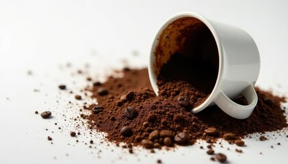 Close-up of a broken coffee cup, scattered coffee grounds, spilled coffee , home, cafe mishap, spilled coffee