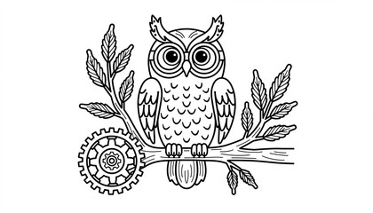 Owl illustration sitting on branch with gear elements in black and white  