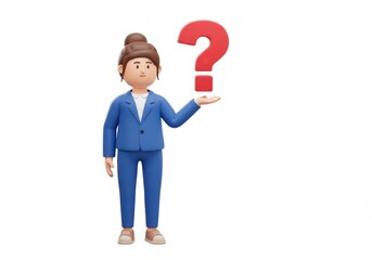 3D Illustration of Cartoon businesswoman holding a red question mark isolated on white background