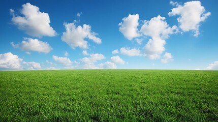 Expansive field of vibrant green grass under a clear blue sky.