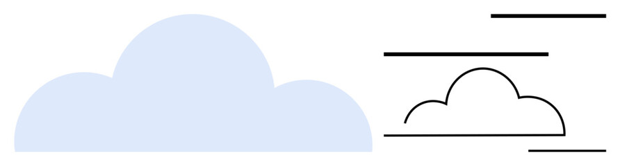 Soft blue cloud alongside abstract black line cloud indicates speed, data movement, and simplicity. Ideal for weather, connectivity, cloud computing, efficiency, motion, technology flat simple