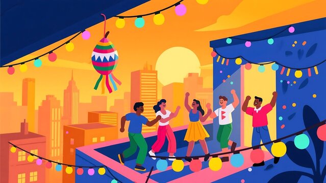 Feliz cumpleaños street party celebration in vibrant style suitable for community events, social digital invitations, and birthday cards capturing urban joy and festive togetherness.