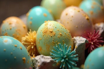 Close-up of contaminated Easter eggs, highlighting potential Salmonella risk , infection, bacteria culture, food microbiology
