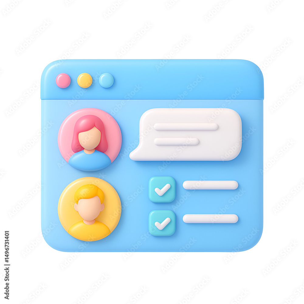 Aufkleber 3d chat interface with two avatars, message bubbles, and checkboxes, ideal for messaging or user con