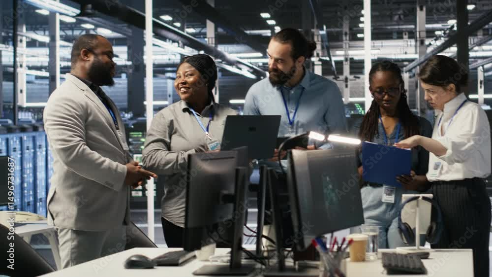 Poster smiling engineering team in server room reviewing infrastructure diagnostics on devices. it professi