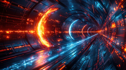 Obraz premium A digital canvas pulsates with futuristic energy, its surface ablaze with light rays and vibrant blue lines, a symphony of abstract art representing the cutting-edge world of science and technology, 