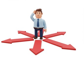 3D Illustration of Cartoon businessman confused at crossroads isolated on white background